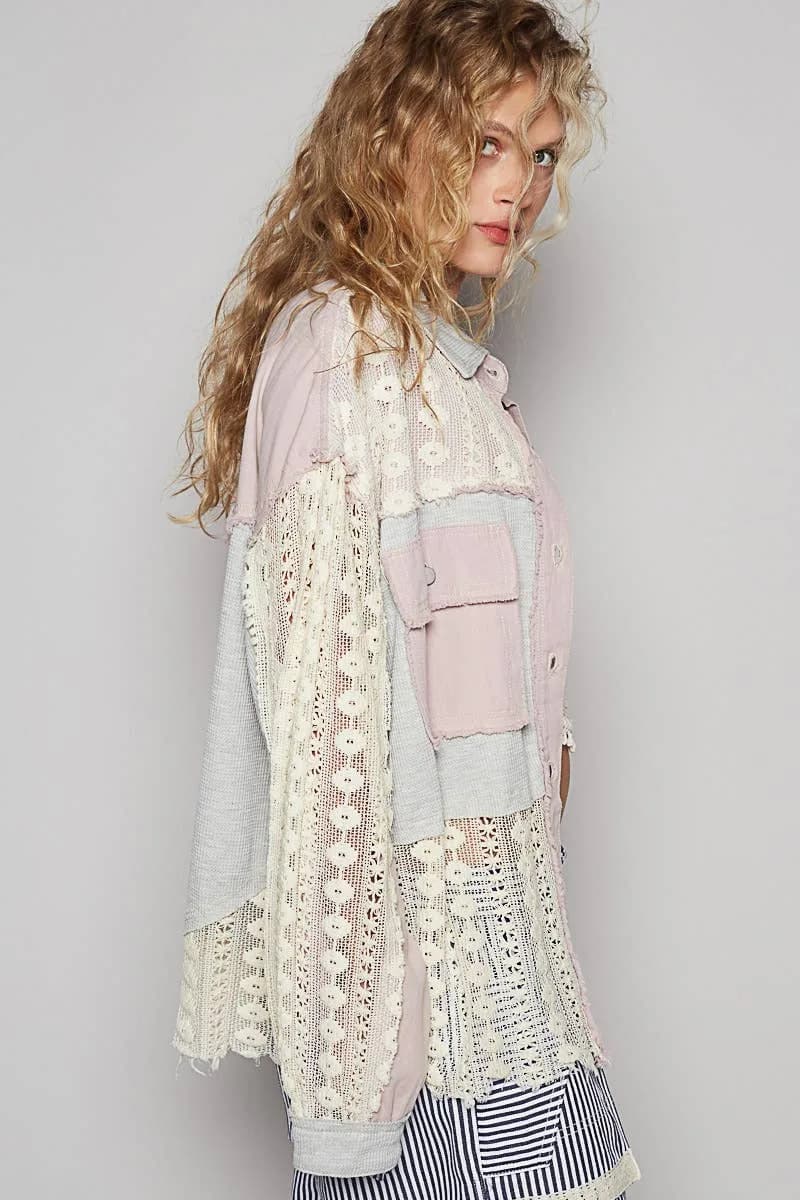 Oversized Contrast Lace Crocheted Button Down Shirt by POL