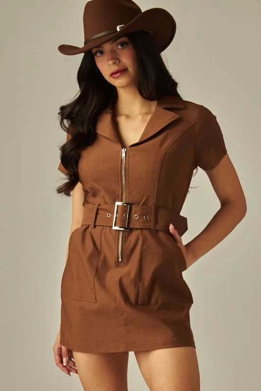 Belted Stretch Cotton Twill Western Mini Dress