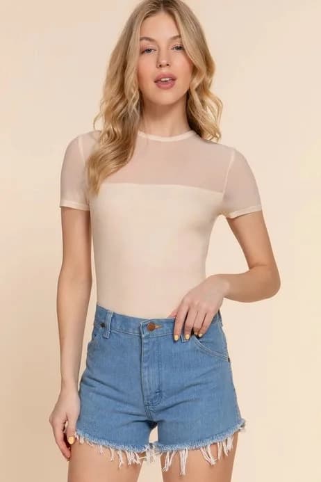 Short Sleeve Crew Neck Mesh Bodysuit Apolline (Cream)