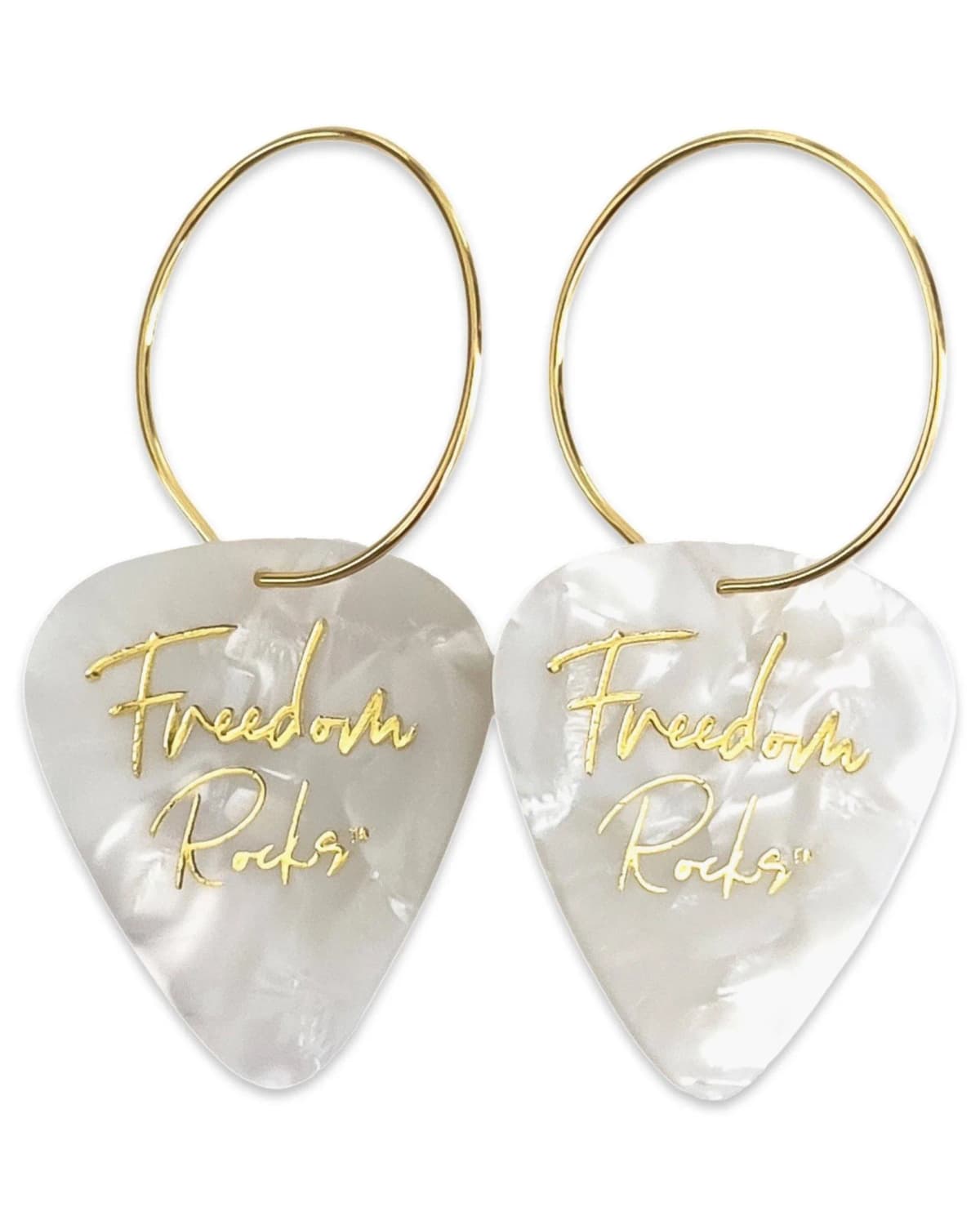 Freedom Rocks White Pearl Hoop Guitar Pick Earrings Groupie Love (25mm)