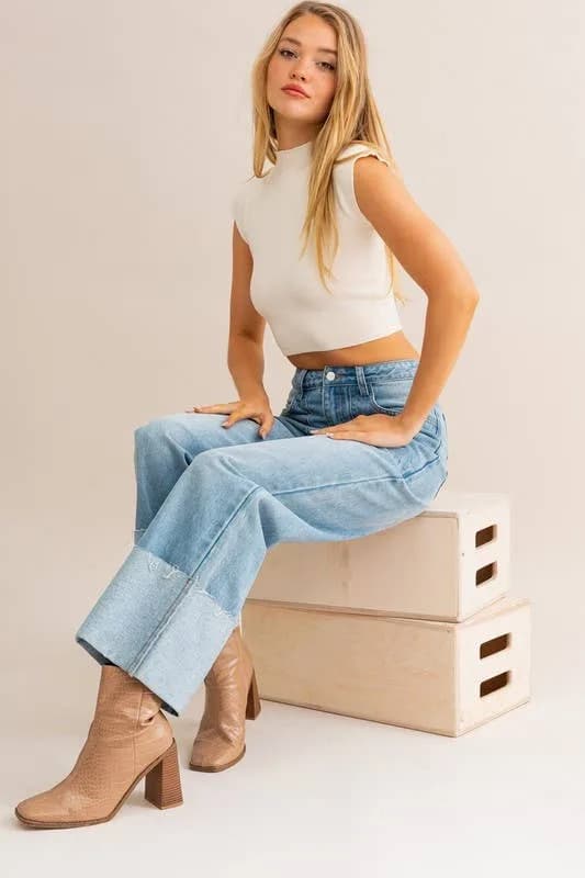 High Waisted Wide Leg Cuffed Jeans by Le Lis