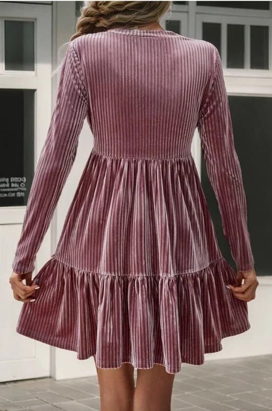 Pale Chestnut Long Sleeve Tiered Ribbed Velvet Dress
