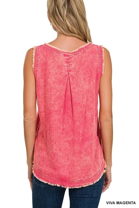 Washed Linen Frayed Edge Vneck Sleeveless Top Zenana