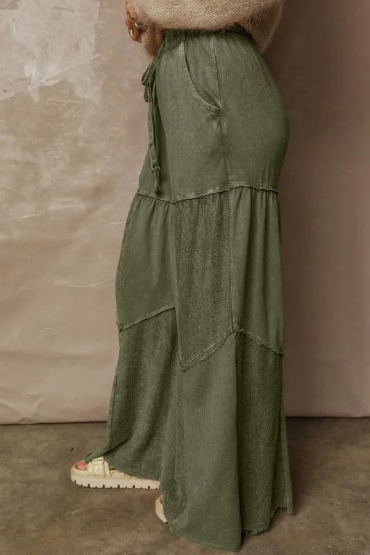 Mineral Wash Patchwork Tiered Wide Leg Pants