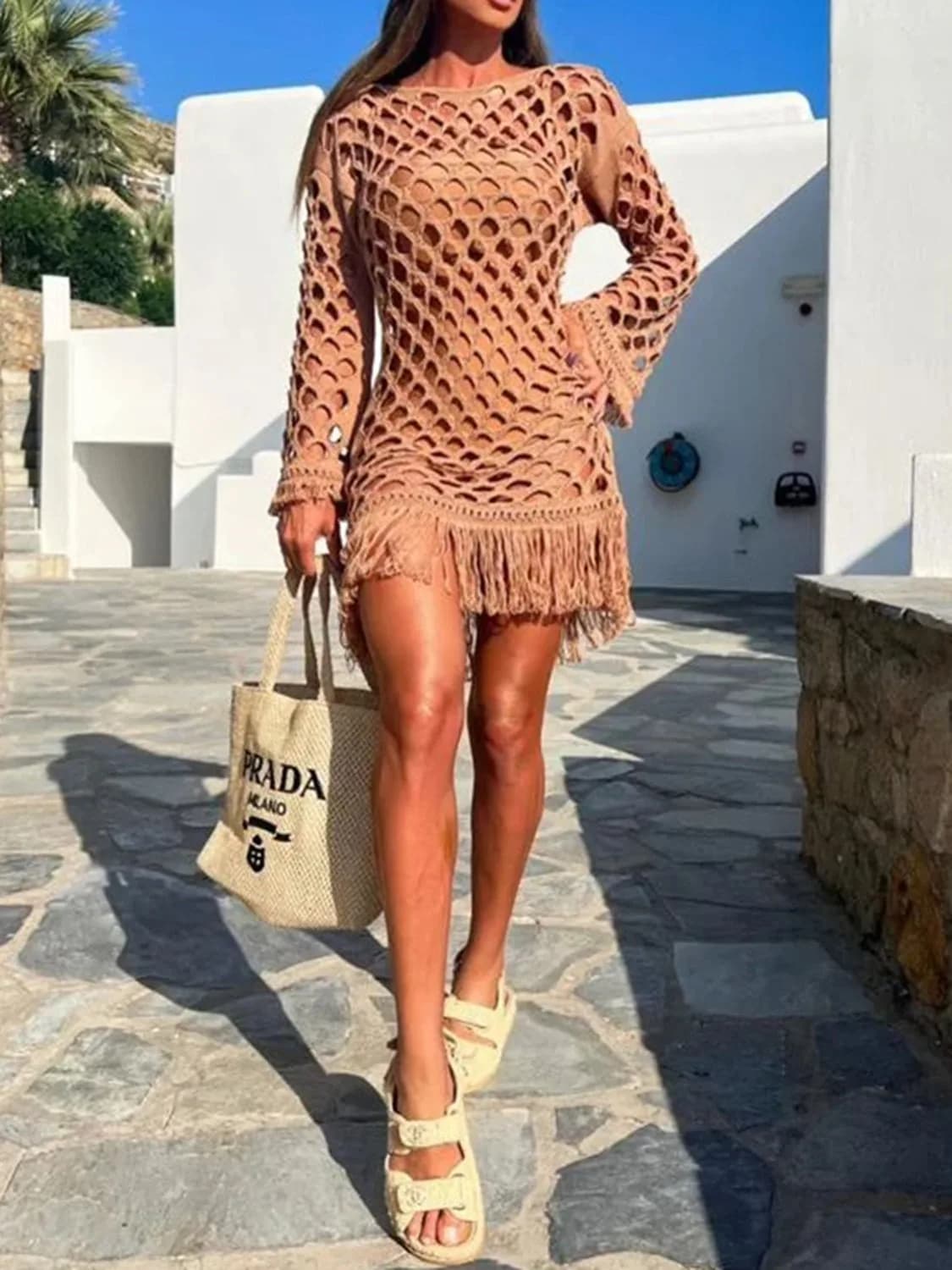 Fringe Cutout Long Sleeve Cover Up Multiple Colors