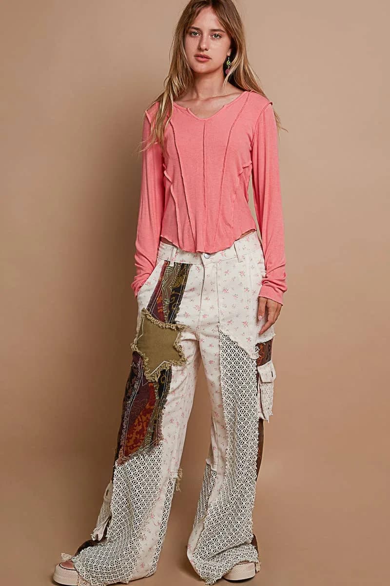 Notched Neck Detailed Long Sleeve Cropped Shirt (Off White)