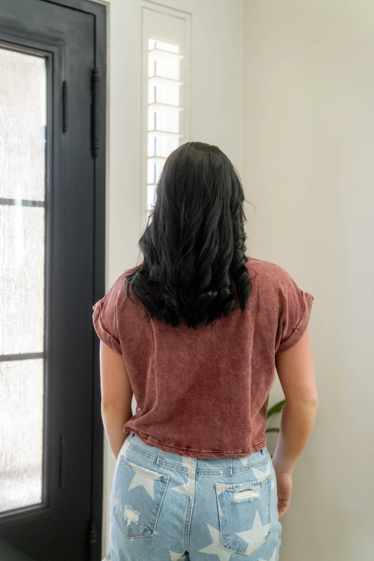 Acid Wash Cotton Folded Sleeve Top Zenana