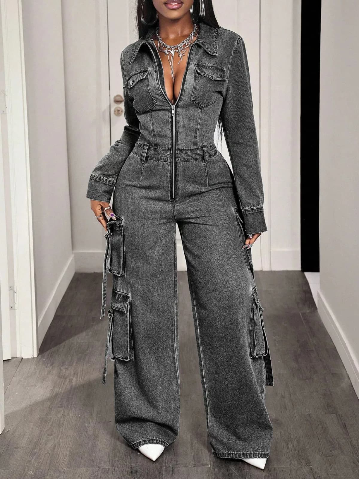 Zip Front Wide Leg Cargo Denim Jumpsuit