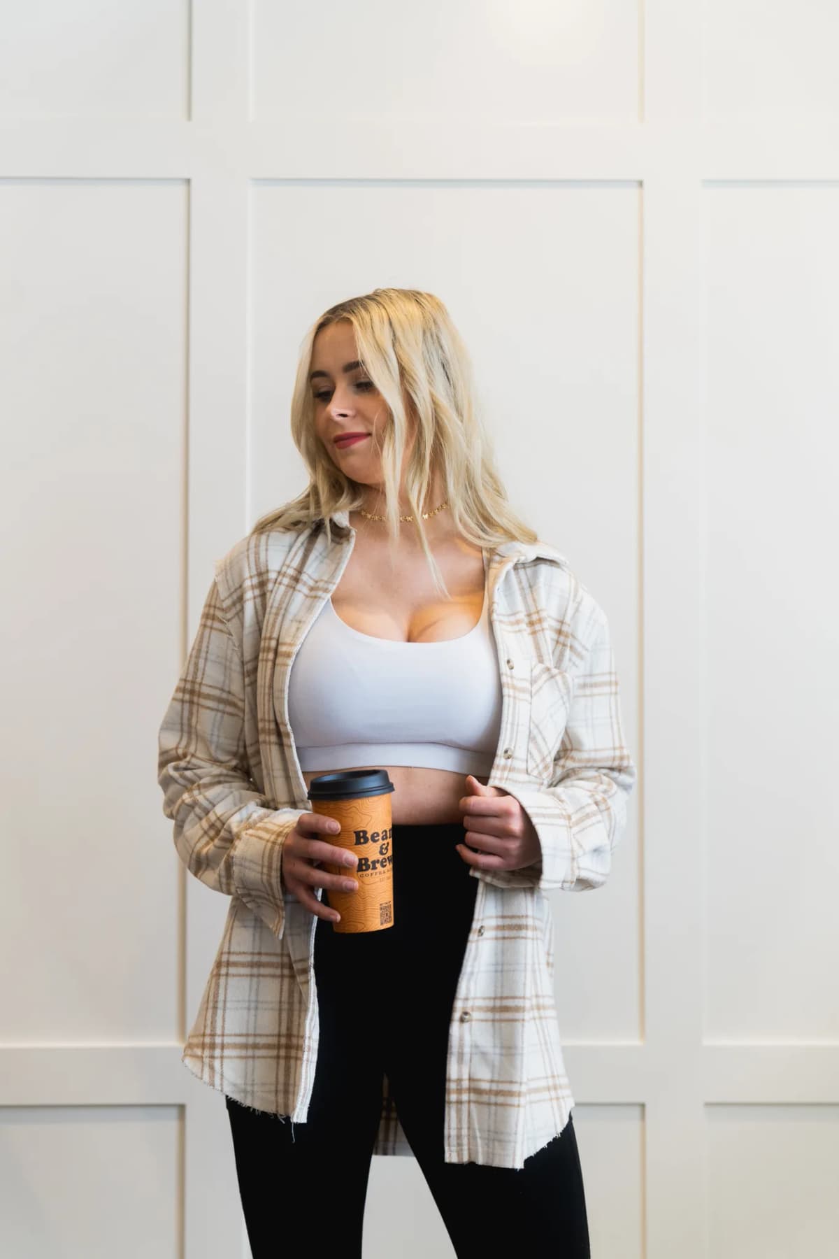 Button Down Fall Winter Plaid Shacket La Miel (Brown)