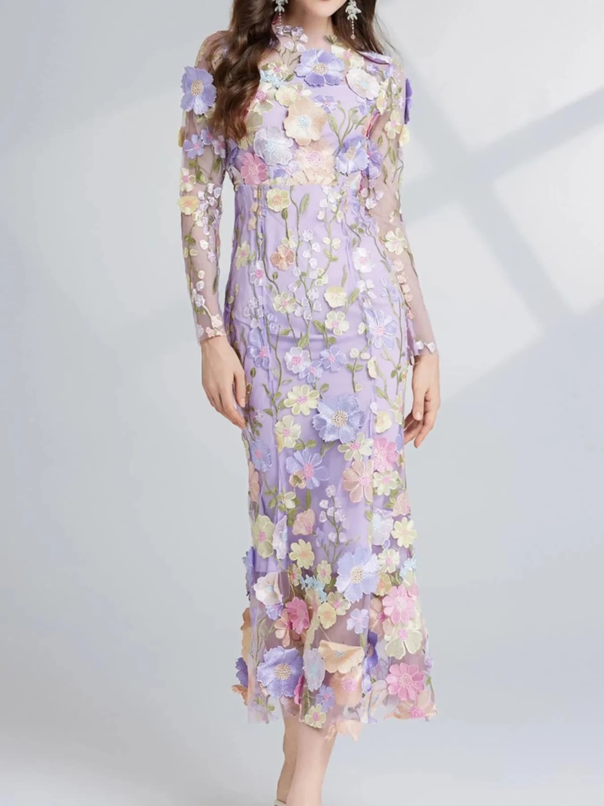 Floral Embroidered Mesh Long Sleeve Midi Dress