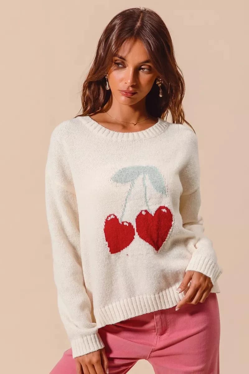 SO ME Heart Cherry Knitted Sweater Top