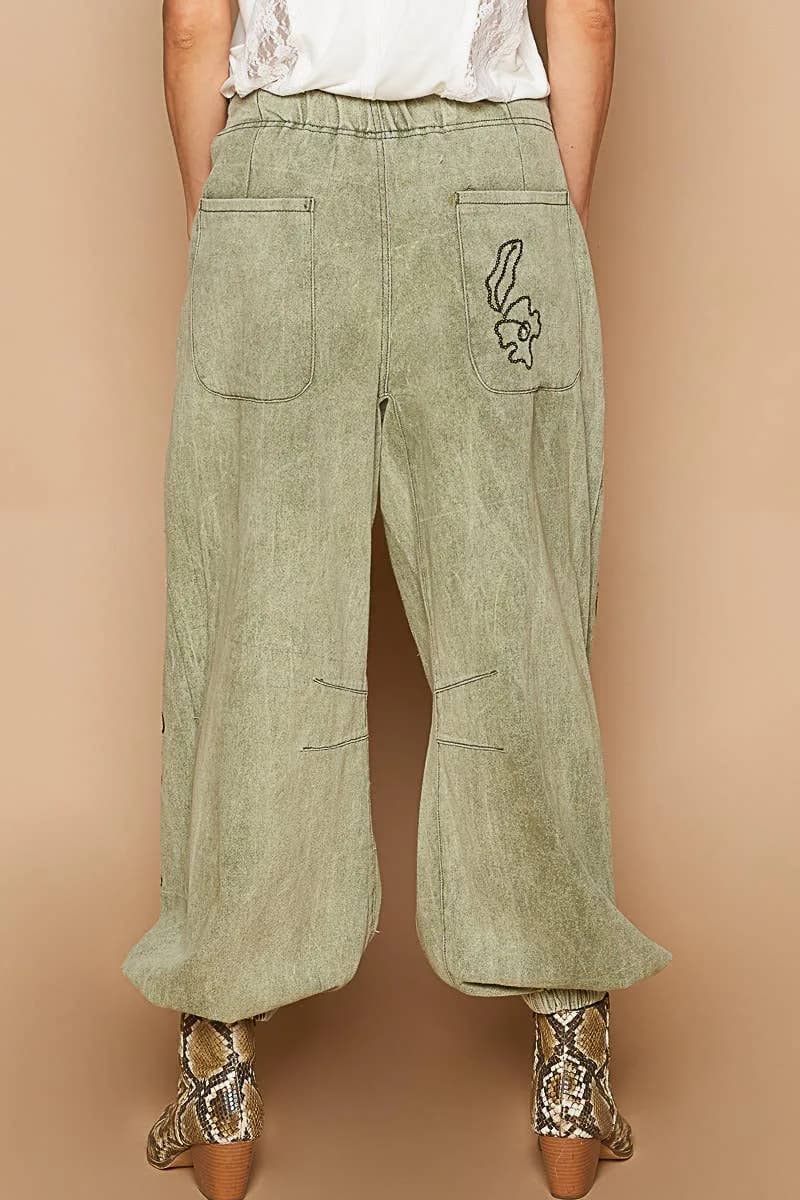 Floral Embroidered Pattern Solid Twill Jogger Pants by POL