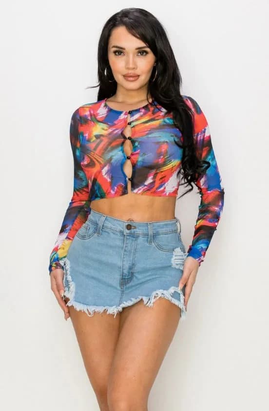 Mesh All Over Print Button Down Crop Top