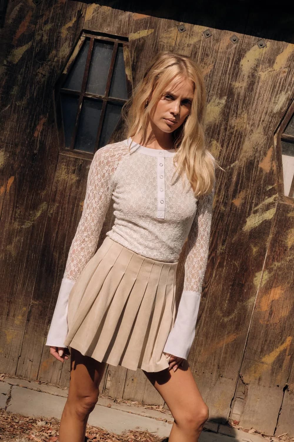 Floral Lace Raglan Sleeve Henley Top by Promesa