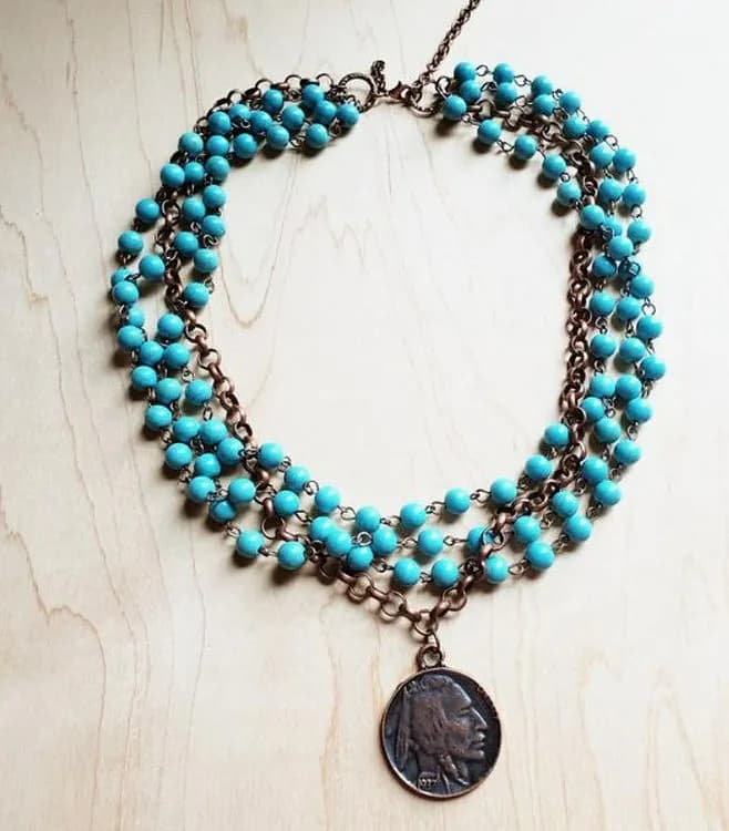Blue Turquoise Collar Length Necklace with Indian Head Coin The Jewelry Junkie