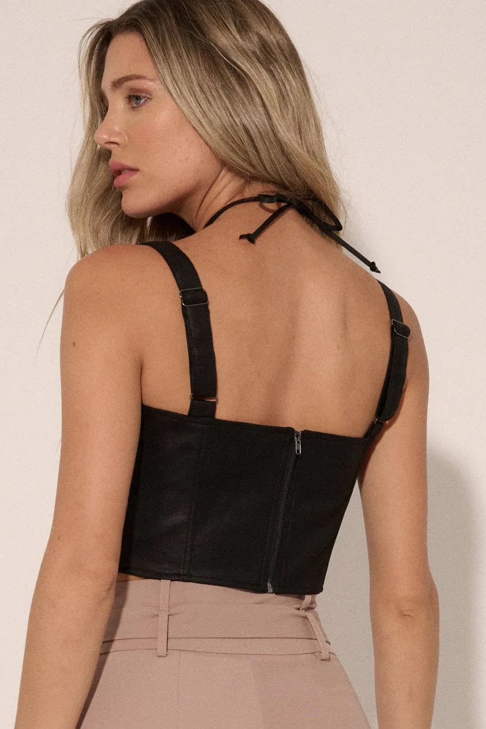 Faux Leather Sweetheart Neck Zipper Back Crop Top Promesa