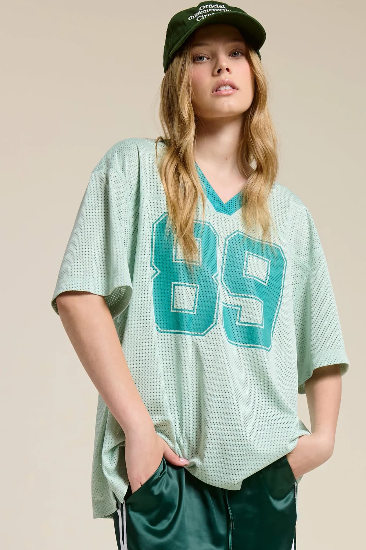 Mint V Neck Sporty Jersey Shirt Top With Printed 89