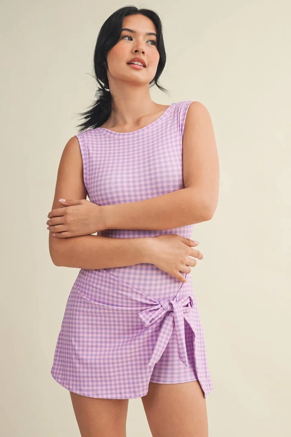 Gingham Print Sleeveless Wrap Tie Front Dress