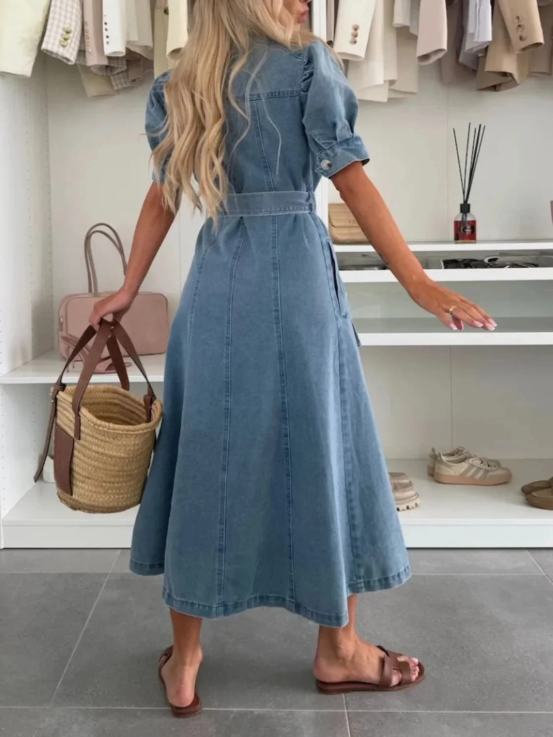 Puff Sleeve Button Down Belted Denim Midi Dress