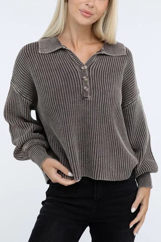 Washed Collared Henley Sweater Multiple Colors