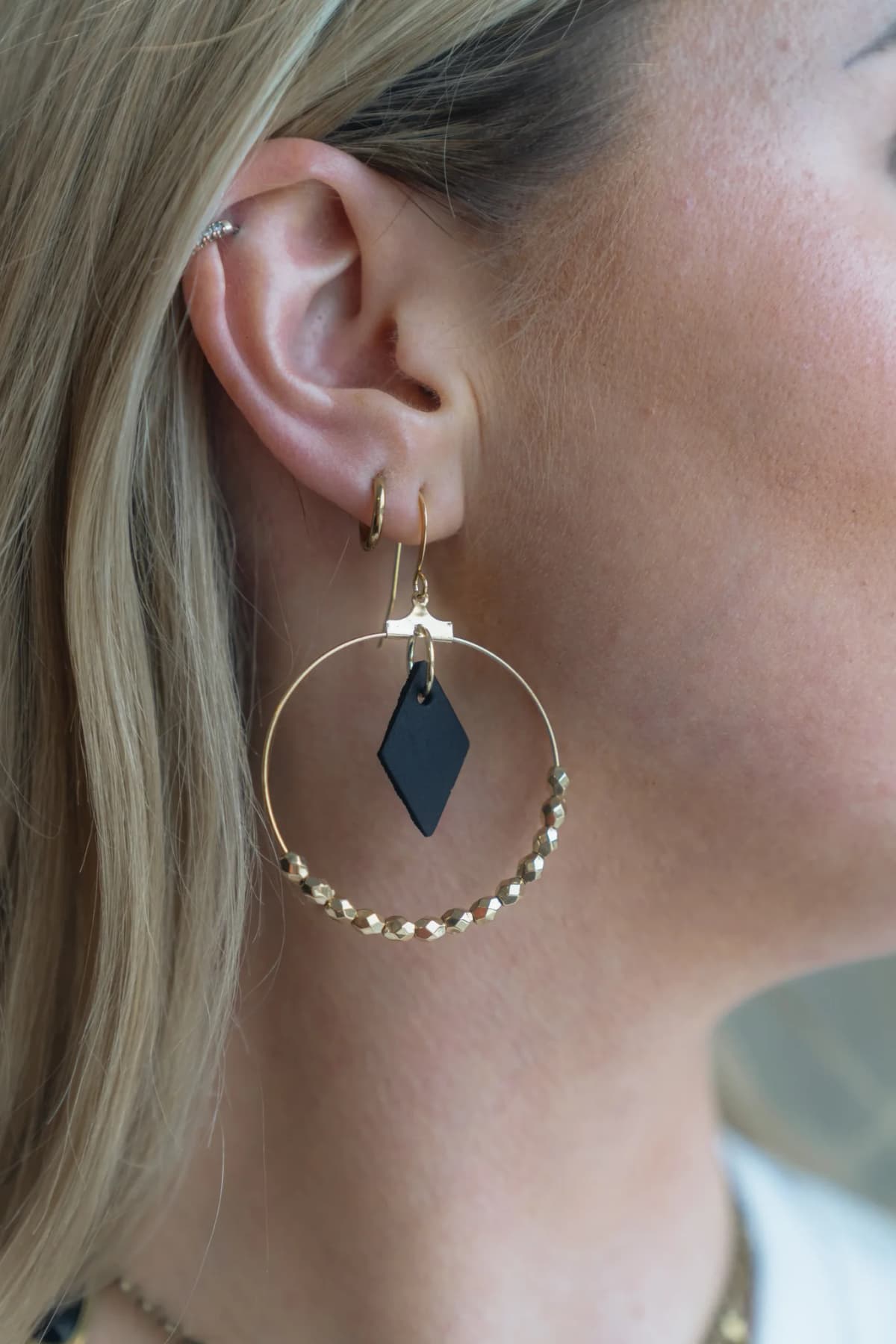 Bead Leather Diamond Earring