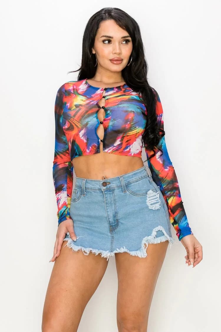 Mesh All Over Print Button Down Crop Top