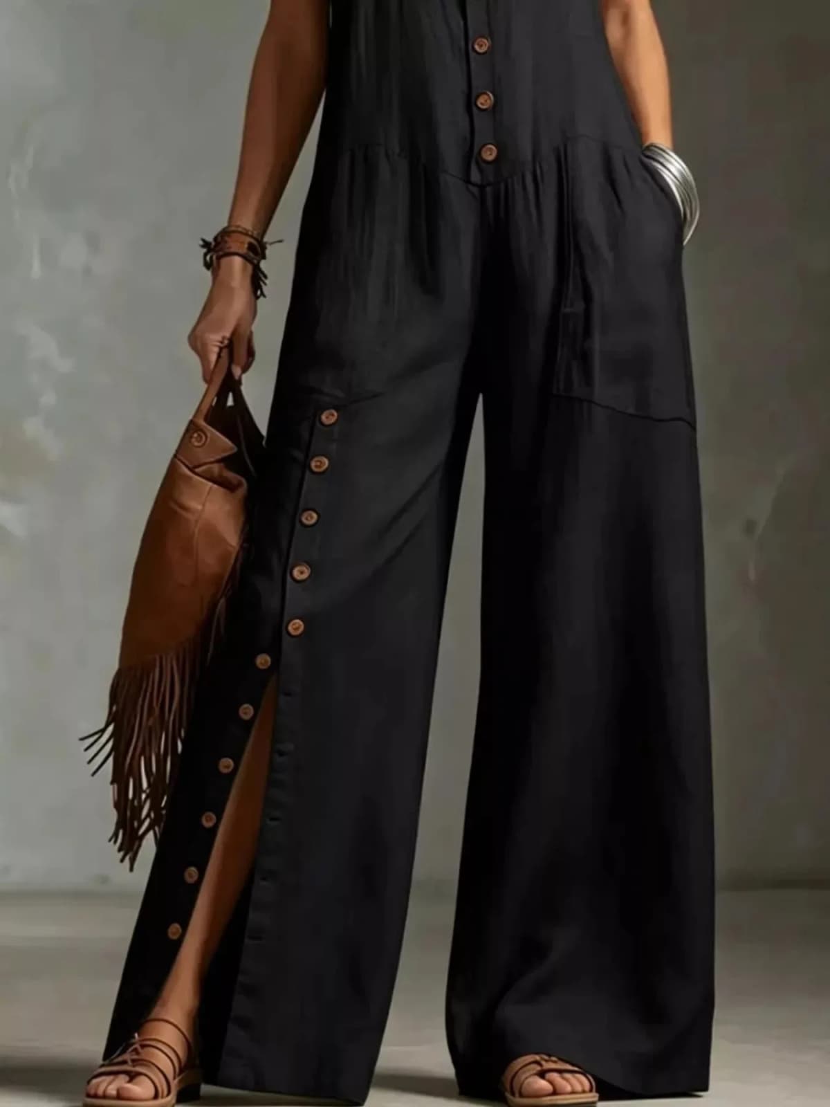 Full Size Sleeveless Button Front Wide Leg Jumpsuit Plus Size