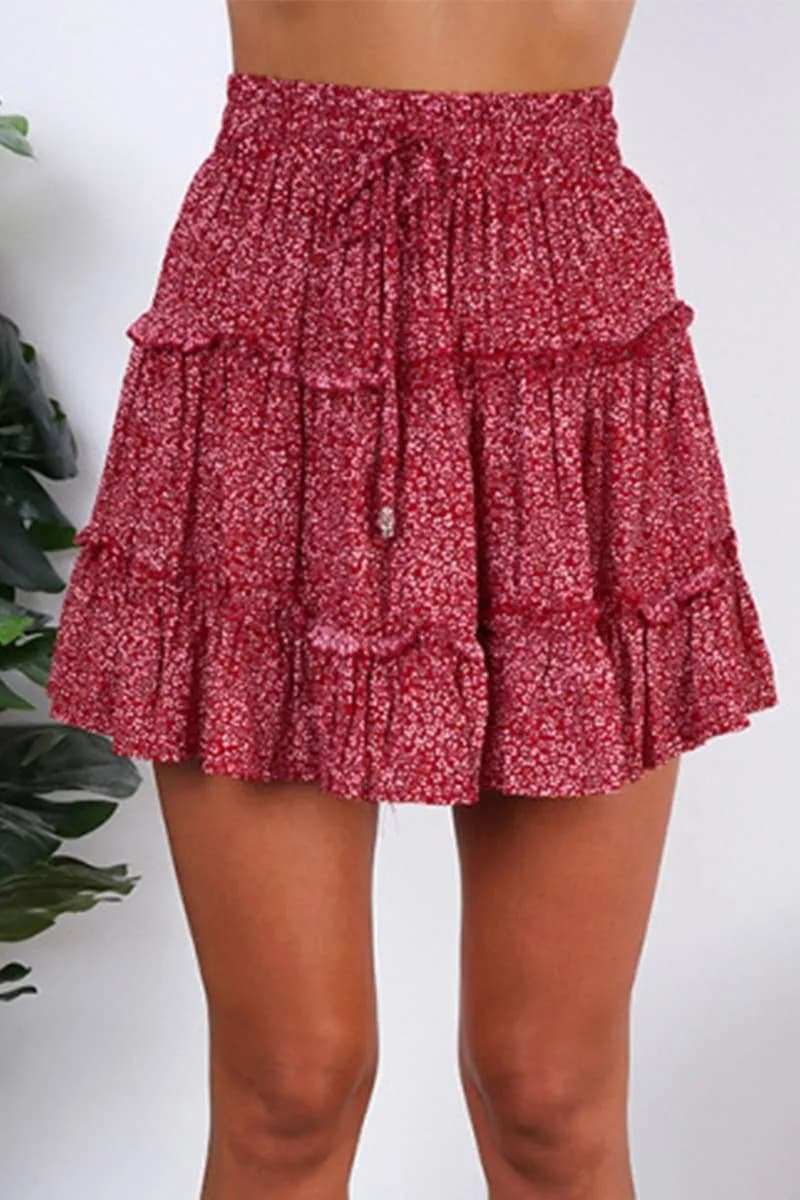 WOMEN HIGH WAISTED RUFFLED FLORAL A LINE SKIRT