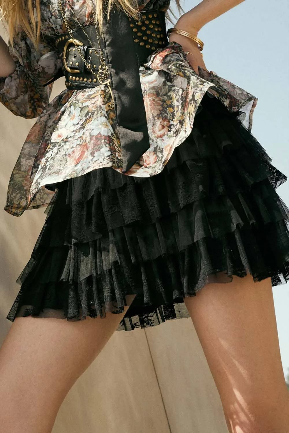 Brown Lace and Tulle Tiered Ruffle Mini Skirt by Promesa