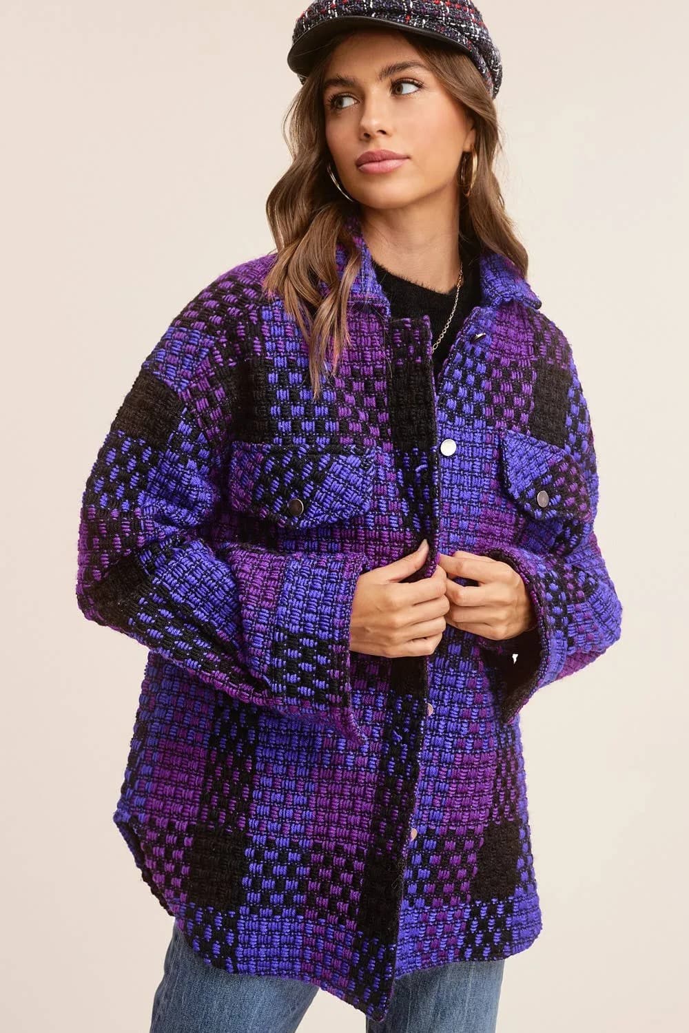 Purple Checkered Patterned Loose Fit Jacket with Front Pockets by La Miel