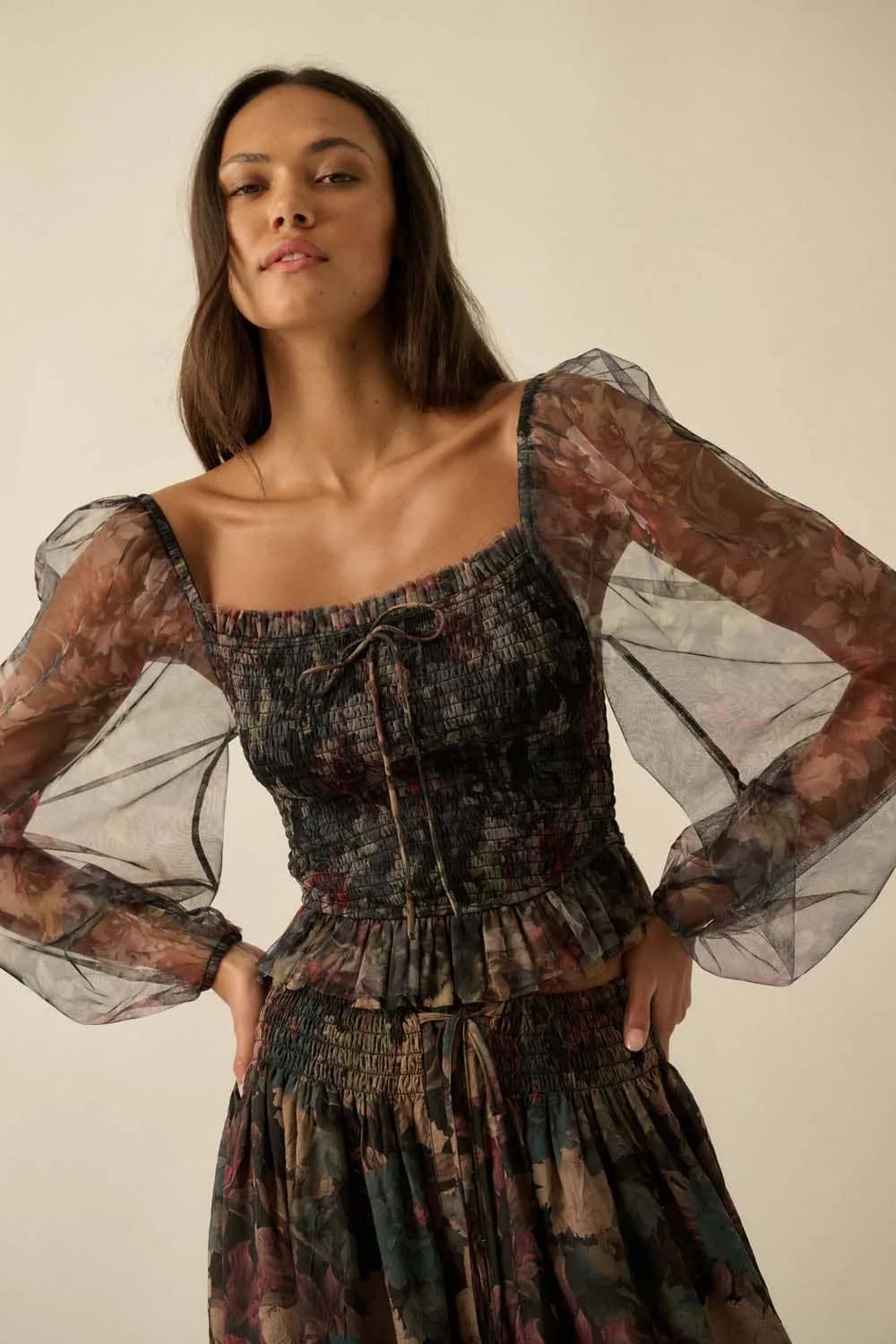 Layered Floral-Print Tulle Smocked Peasant Top by Promesa
