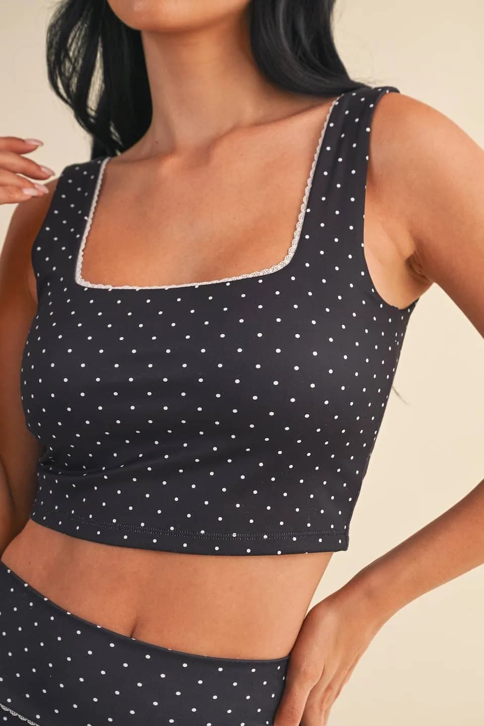 Polka Dot Print Crop Tank with Lace Trim by Kimberly C