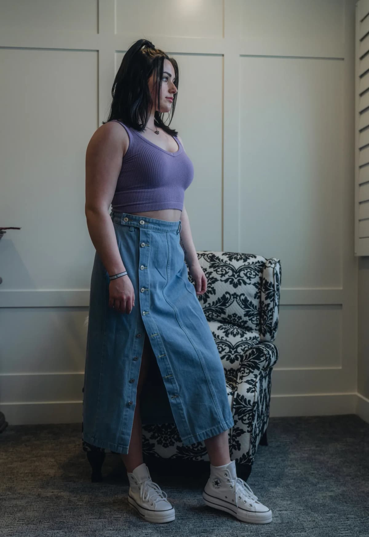 Button Fly Split Denim Skirt Beyond Apparel