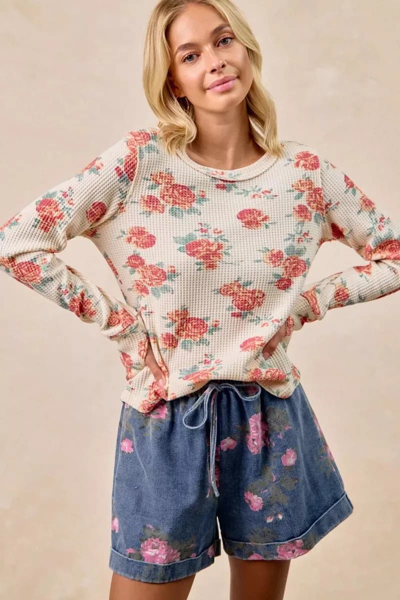BiBi Floral Print Washed Waffle Thermal Top With Thumb