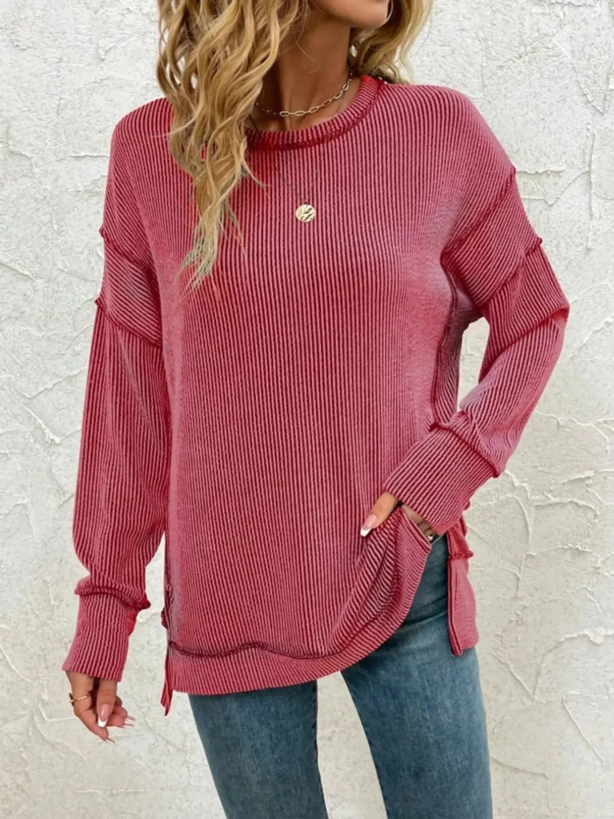 Side Slit Round Neck Dropped Shoulder Sweatshirt in Multiple Colors