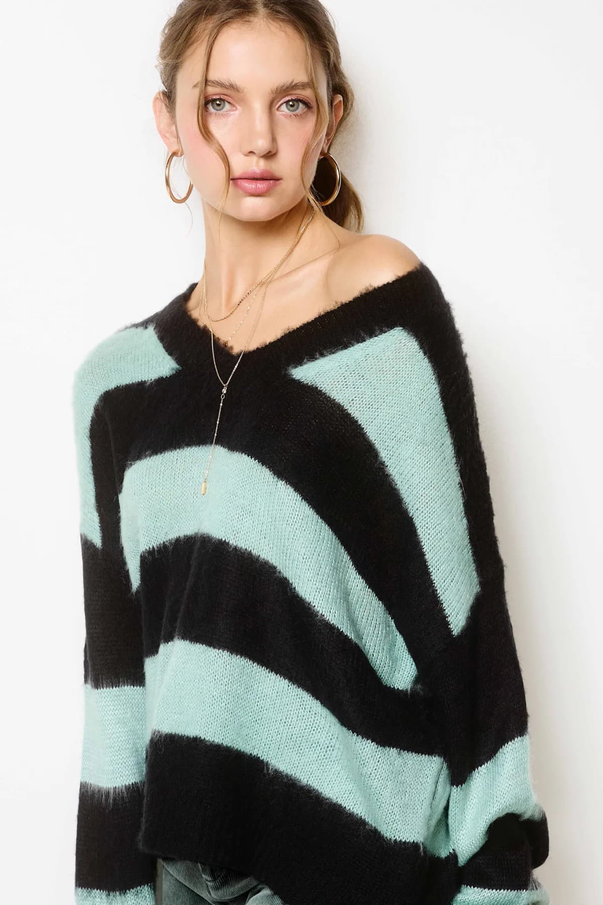 Oversized Fuzzy Soft Stripe V-neck Knit Sweater
