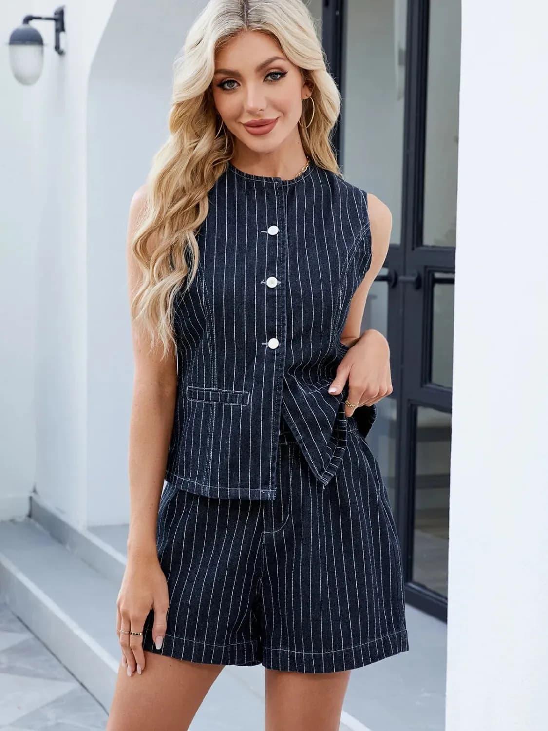 Moni Round Neck Striped Top and Shorts Denim Set