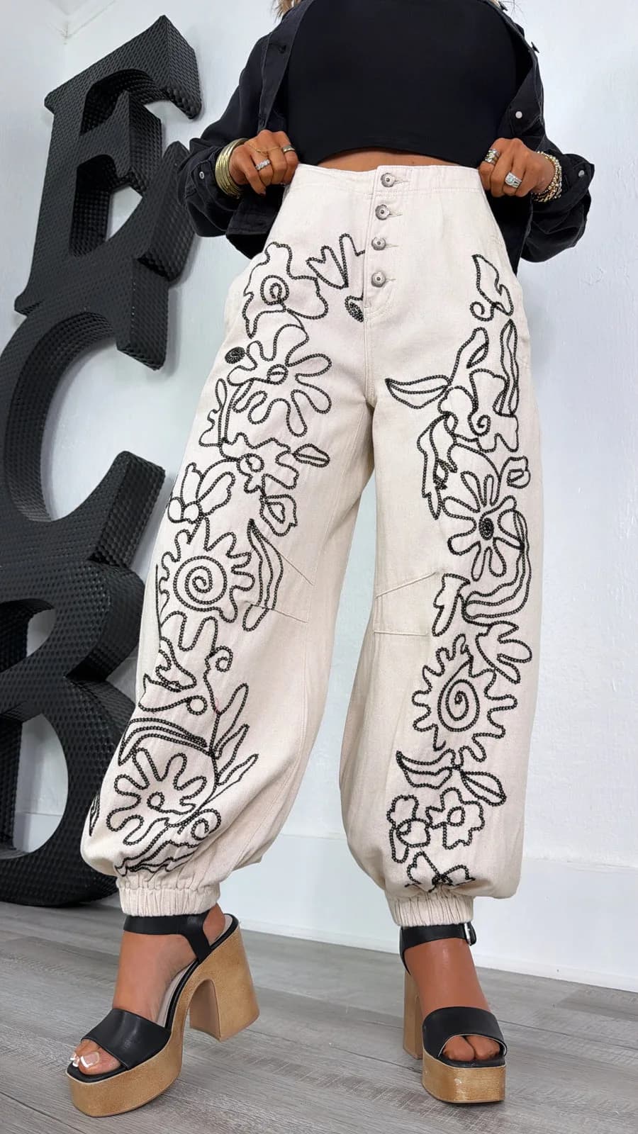 Floral Embroidered Pattern Solid Twill Jogger Pants by POL