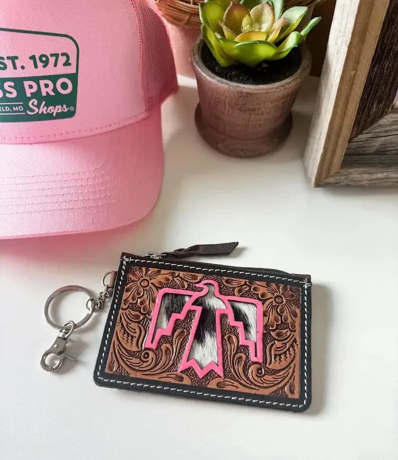 Tooled Leather Keychain Wallet Thunderbird Longhorn Bow Hat