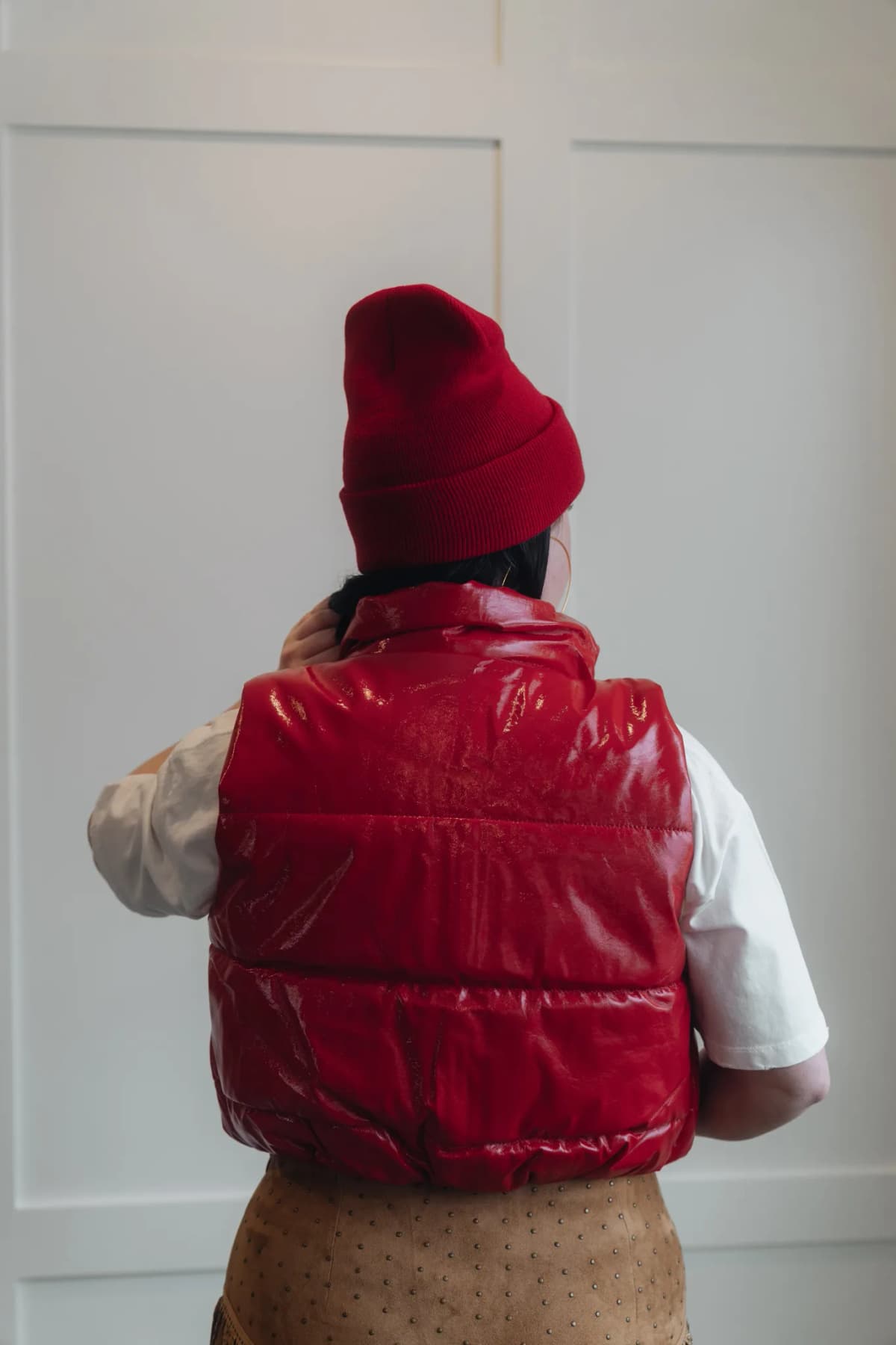 Faux Leather Puffer Vest Style Up (Red)