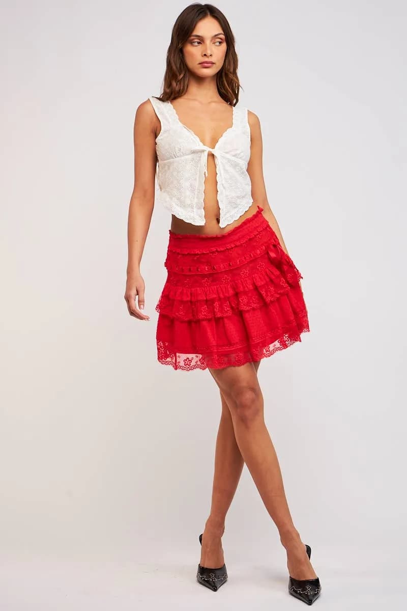 Red Print Floral Lace Trim Mini Skirt by Sky to Moon
