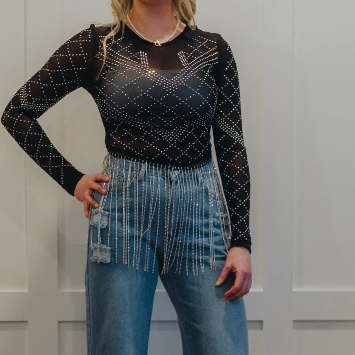 Stretch Mesh Studded Rhinestone Fringe Long Sleeve Top