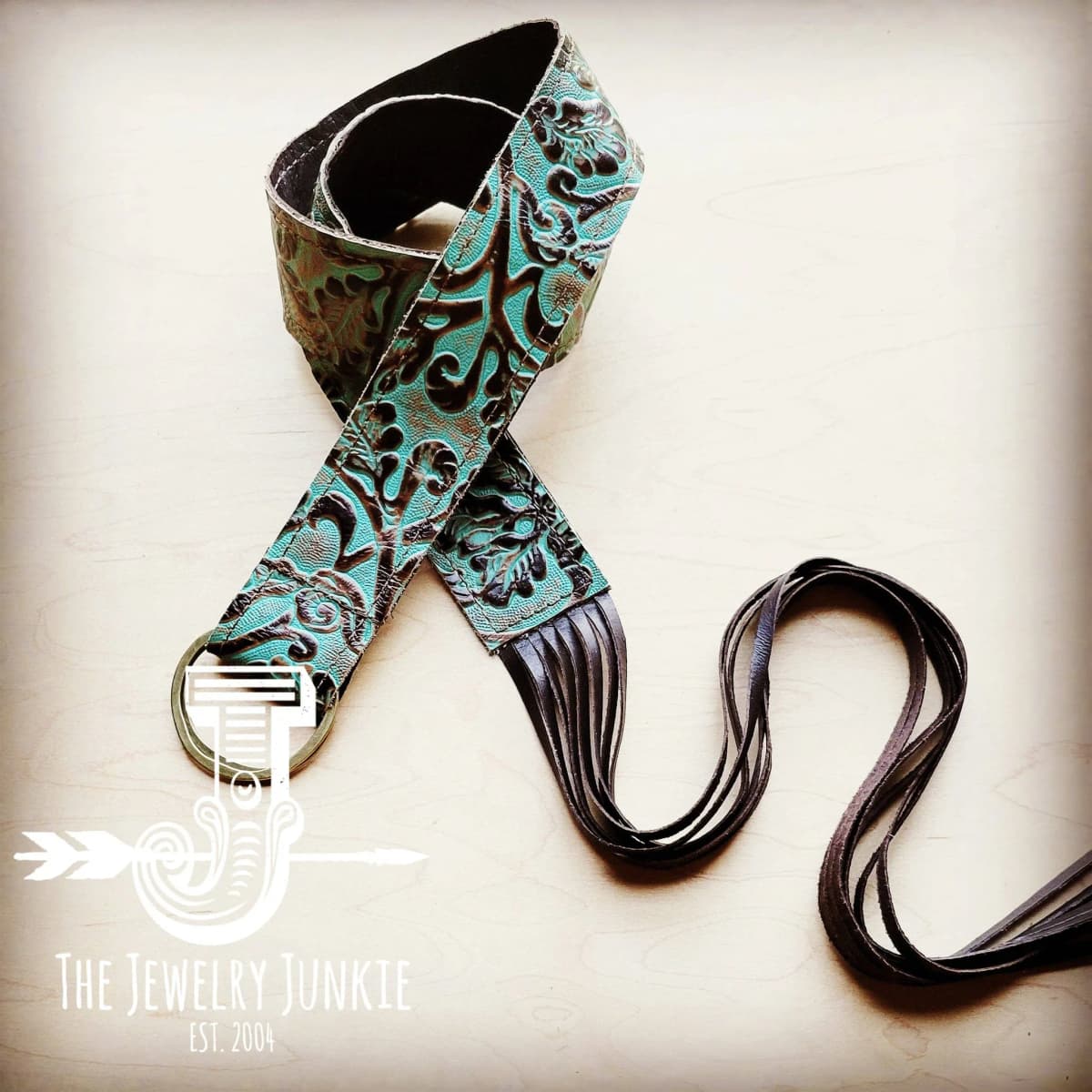 Turquoise Cowboy Leather Belt with Leather Fringe
