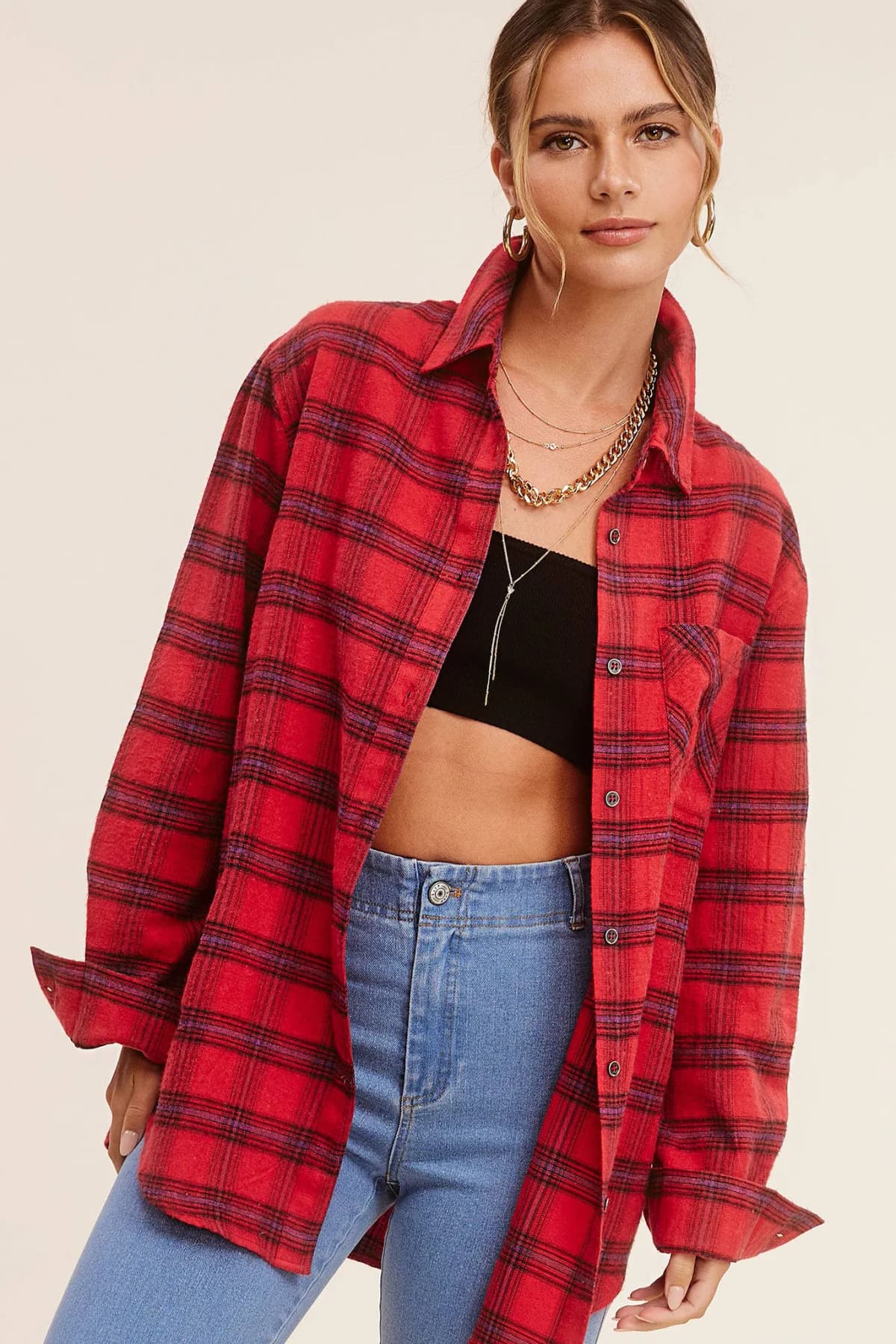 Loose Fit Button Down Soft Fabric Plaid Shirts