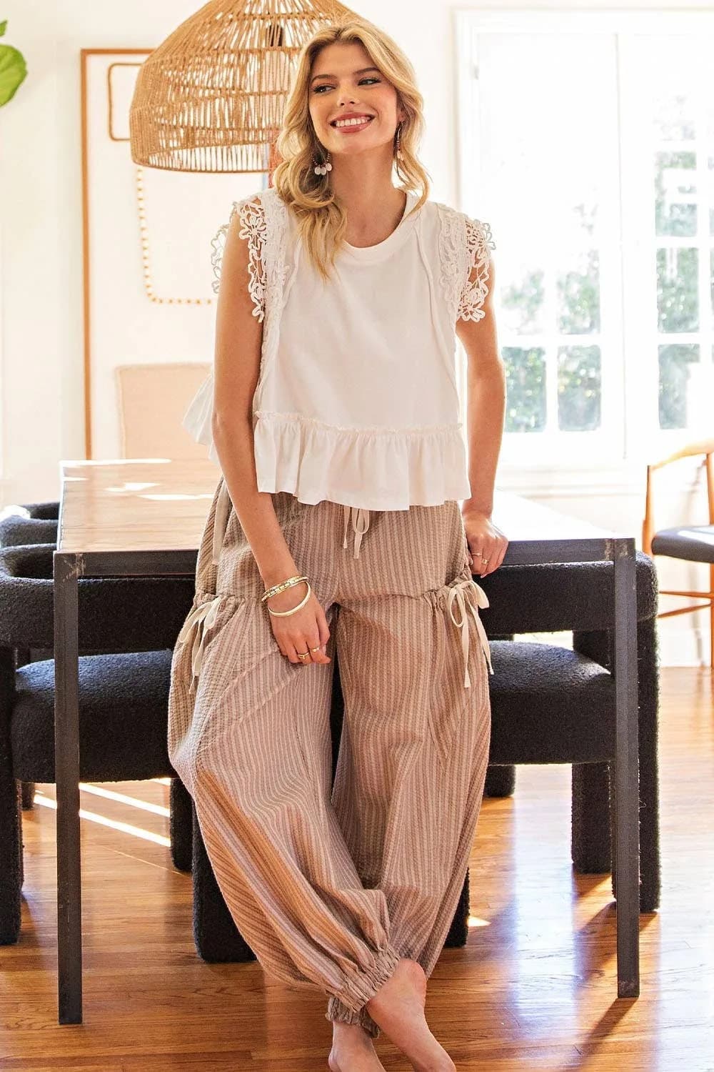 STRIPED DRAWSTRING SIDE POCKET JOGGER PANTS