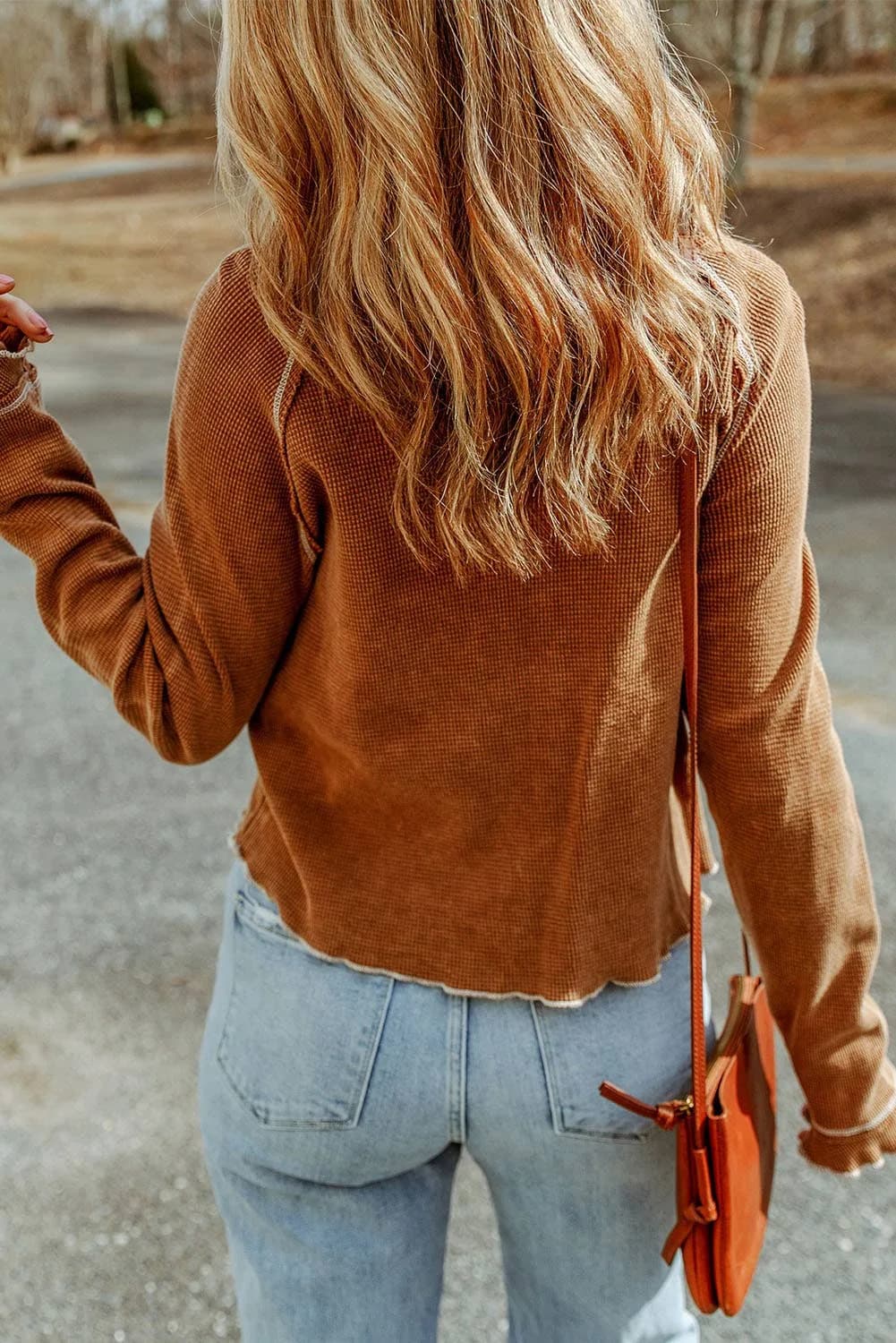 Textured Round Neck Long Sleeve Top (Red)