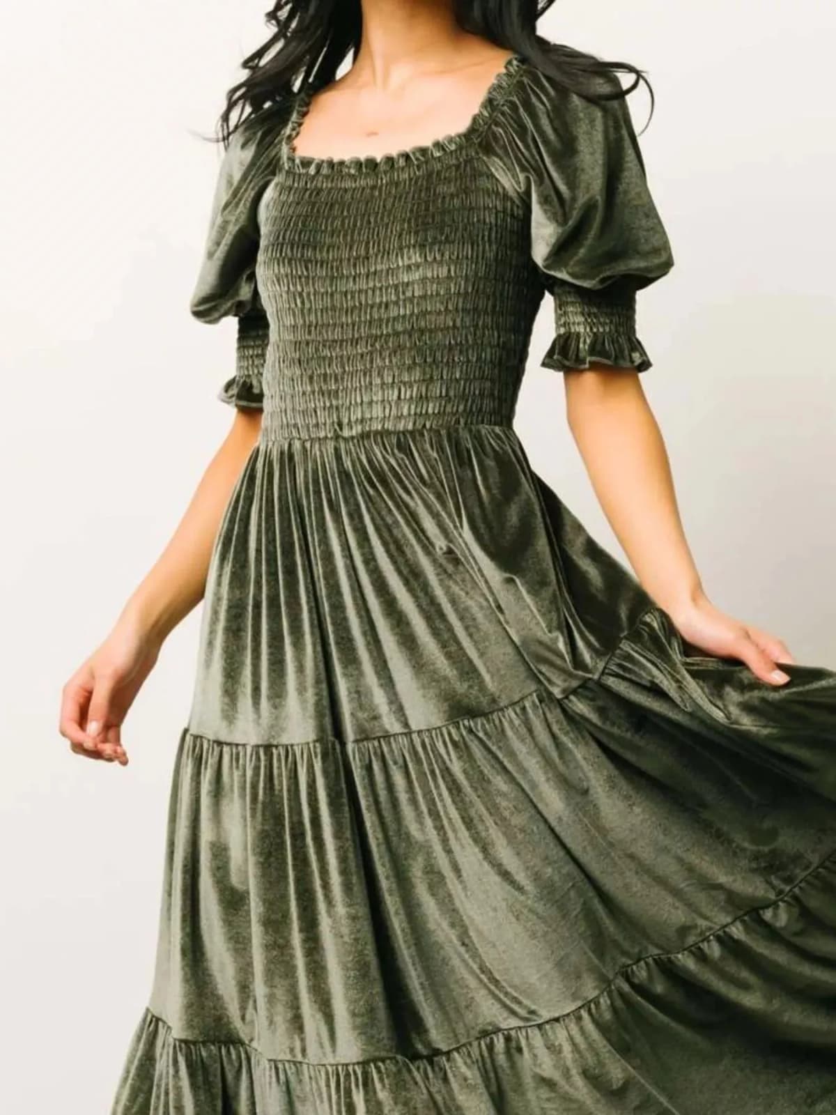 Velvet Smocked Tiered Midi Dress