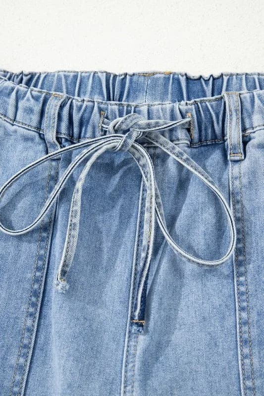 Denim Raw Hem Drawstring Wide Leg Pants