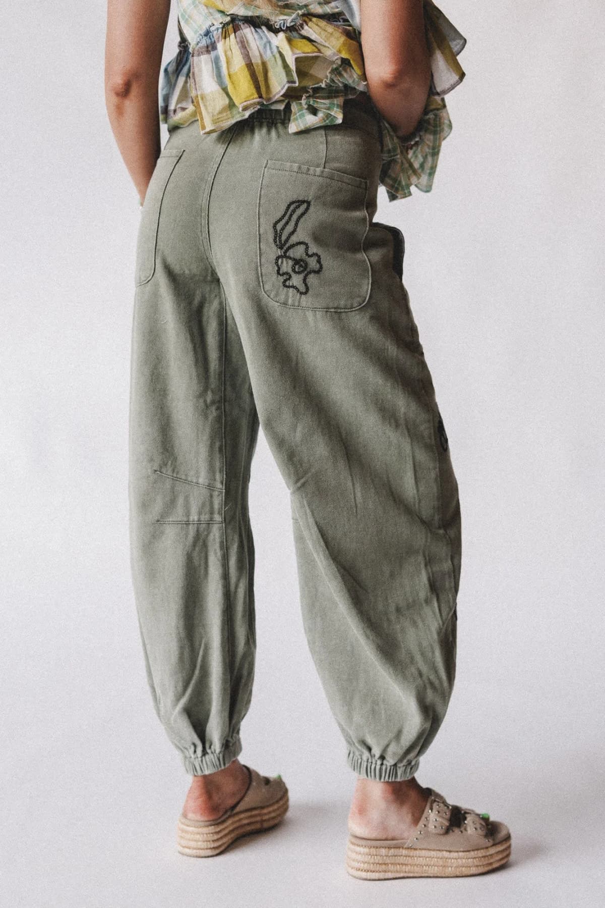 Floral Embroidered Pattern Solid Twill Jogger Pants by POL