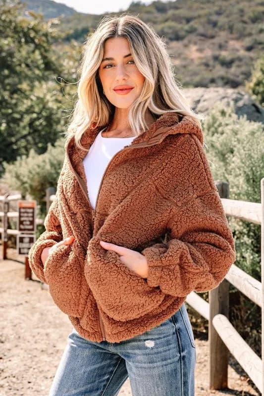 Solid Sherpa Fleece Zip Up Hooded Jacket